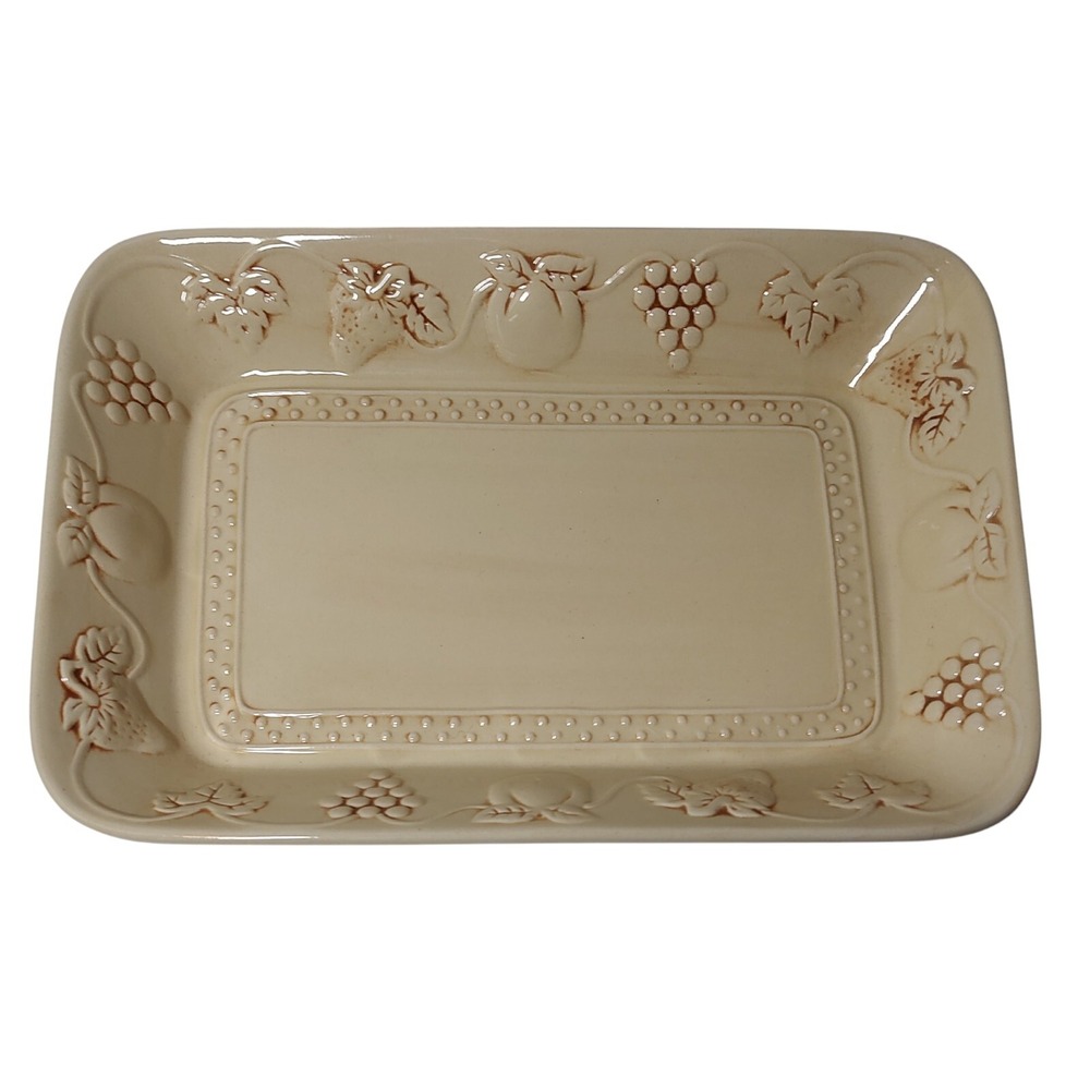 Vintage Platter Ceramic Embossed Grapes Leaves Strawberries 13 x 9 in Beige Fall